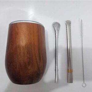 Yerba Mate Gourd Cup with Lid 350ml with Regular Bombilla Straw and Flat Straw + Straw Cleaner